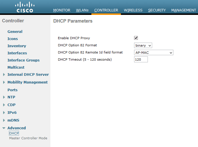 Cisco WLC Web Conole Enable DHCP Proxy Check